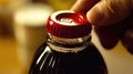 Hand opening red-capped bottle of dark carbonated beverage close-up Royalty Free Stock Photo