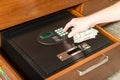 Hand opening safe in hotel room to store valuables