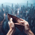 A hand opens a wallet that is empty, Behind is a big city background economic concept generative ai generative ai art Royalty Free Stock Photo
