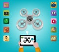 Hand operates a Drone using a Tablet or Smartphone with Icons of Features. Editable Clip Art.