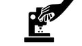 Hand operating a coffee machine, coffee maker icons, black and white silhouette Royalty Free Stock Photo