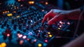 Hand operating a soundboard in dimly lit studio. Royalty Free Stock Photo
