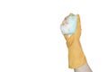 Hand in an orange rubber glove with an blue sponge and foam on a white background. Washing dishes, cleaning, home cleaning. Royalty Free Stock Photo