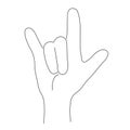 Hand outline two fingers up. Rock and roll rocker gesture. Sign goat. Silhouette black linear style on a white background Royalty Free Stock Photo