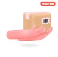 Hand outstretched with cardboard box 3d. Shipping Icon. Arms 3d