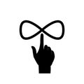 Hand over which the metaverse icon extends. Metaverse black line icon.