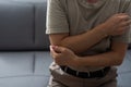 Hand Pain. Close-up of an office worker. Hands Hurt. Close-up Of Woman& x27;s Hands With Painful Feeling In Joint. Hand Royalty Free Stock Photo