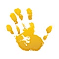 Hand paint print 3D, isolated white background. Yellow human palm and fingers. Abstract art design, symbol identity