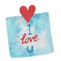 Hand paint watercolor blue sticker with red heart and I love you Royalty Free Stock Photo