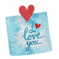 Hand paint watercolor blue sticker with red heart and I love you Royalty Free Stock Photo