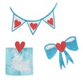 Hand paint watercolor blue sticker with red heart, ribbon and bo Royalty Free Stock Photo