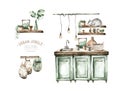 Hand paint watercolor scandinavian modern kitchen set. Isolated furniture for interior. Food theme. Vintage interior