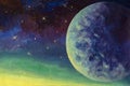 Hand painted acrylic painting starry sky big moon planet earth fine art on canvas Royalty Free Stock Photo