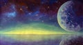 Hand painted acrylic painting starry sky big moon planet earth fine art on canvas Royalty Free Stock Photo