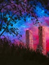 Hand painted art background tall houses against background of purple starry sky
