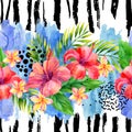 Hand painted artwork: watercolor tropical leaves and flowers on brush strokes background. Royalty Free Stock Photo
