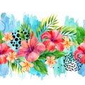 Hand painted artwork: watercolor tropical leaves and flowers on brush strokes background. Royalty Free Stock Photo