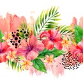 Hand painted artwork: watercolor tropical leaves and flowers on brush strokes background. Royalty Free Stock Photo