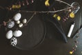 Hand painted black and white easter eggs on black background with spring flowers. Top view table top shot Royalty Free Stock Photo