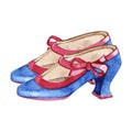 Hand-painted blue watercolor high heel shoes. Isolated illustration.