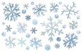 Hand painted blue watercolor snowflakes set isolated on white background, vector illustration Royalty Free Stock Photo