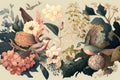 hand-painted botanical illustration of a fantasy garden featuring vintage blooms, birds, and fairies