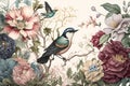 hand-painted botanical illustration of a fantasy garden featuring vintage blooms, birds, and fairies