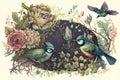 hand-painted botanical illustration of a fantasy garden featuring vintage blooms, birds, and fairies