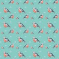 Hand Painted Bullfinch with snowflakes seamless pattern. Winter Red Christmas bird watercolor illustration. Watercolor Royalty Free Stock Photo