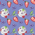 Hand painted cake with strawberry and blueberry seamless pattern on purple background.