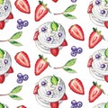 Hand painted cake with strawberry and blueberry seamless pattern on white background.