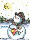 Painted card `snowman with a heart`