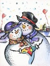 Painted card `two snowmen in love` Royalty Free Stock Photo