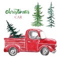 Hand painted Christmas car with spruce or pine tree. Watercolor red abstract truck, New Years illustration Royalty Free Stock Photo