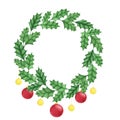 Hand painted christmas holly wreath with balls isolated on the white background. New Year decoration Royalty Free Stock Photo