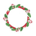 Hand painted christmas round banner with holly leaves, balls and candy canes isolated