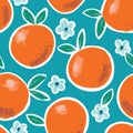 Hand Painted Colorful Abstract Oranges, Flowers and Leaves on Blue Background. Summer Fruits Vector Seamless Pattern Royalty Free Stock Photo