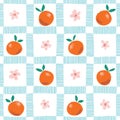 Hand Painted Colorful Abstract Oranges, Flowers and Leaves on Plaid Background. Summer Fruits Vector Seamless Pattern Royalty Free Stock Photo