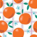 Hand Painted Colorful Abstract Oranges, Flowers and Leaves on Plaid Background. Summer Fruits Vector Seamless Pattern Royalty Free Stock Photo