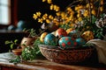 Hand-painted colourful Easter eggs in a wicker basket. Royalty Free Stock Photo