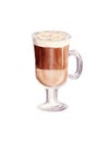 Hand painted Cup of Coffee Latte. Glass of chocolate mocha coffee. Watercolor Illustration