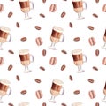 Hand painted Cup of Coffee Latte seamless pattern. Glass of chocolate mocha coffee with macaroons and coffee beans