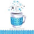 Hand painted cup of hot drink with knitting seamless border. Lovely winter time.