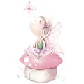 Hand painted cute fairy looking at butterfly. Watercolor illustration Royalty Free Stock Photo