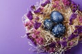 Hand painted dark blue easter eggs in nest and flowers on violet Royalty Free Stock Photo