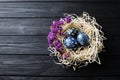Hand painted dark blue easter eggs in nest and flowers Royalty Free Stock Photo