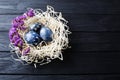 Hand painted dark blue easter eggs in nest and flowers Royalty Free Stock Photo