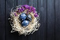 Hand painted dark blue easter eggs in nest and flowers Royalty Free Stock Photo