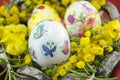 Hand painted decoupage Easter egg in a basket