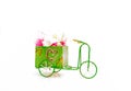 A hand-painted distressed-looking rustic tricycle with flowers